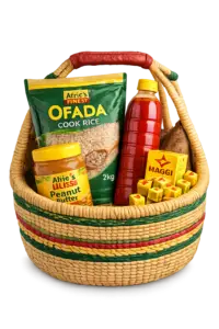 Basket-of-african-pantry-essentials-like-ofada-cook-rice-palm- oil-bottle-and-maggi